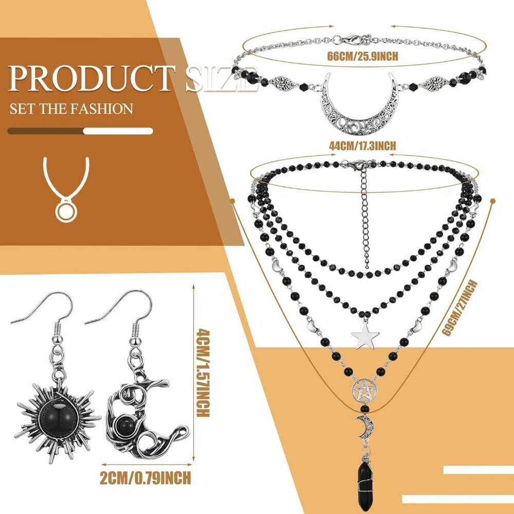 Gothic Sun Moon Jewelry Set Women Multilayer Choker Earrings Witch Costume - Picture 2 of 7